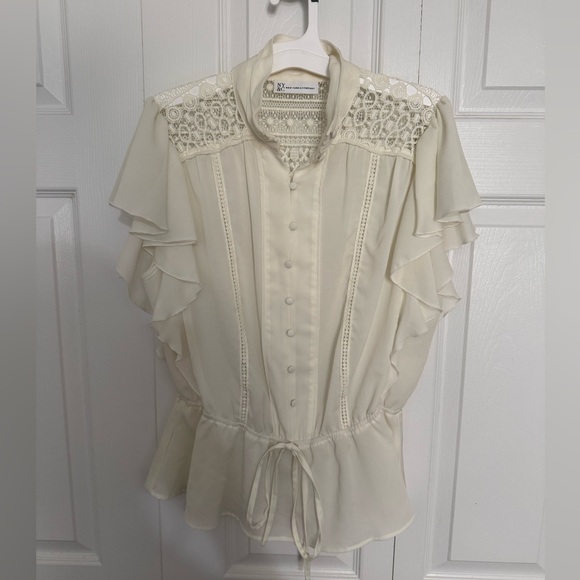 New York & Company Tops - New York & Company Cream Lace-Yoke Ruffle Blouse